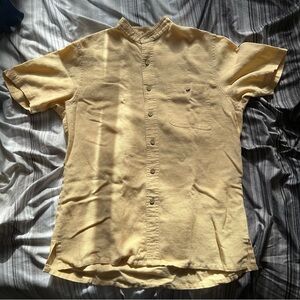 Tilley Hemp Blend Shirt Mens M Tan Short Sleeve Mandarin Collar Travel Outdoor